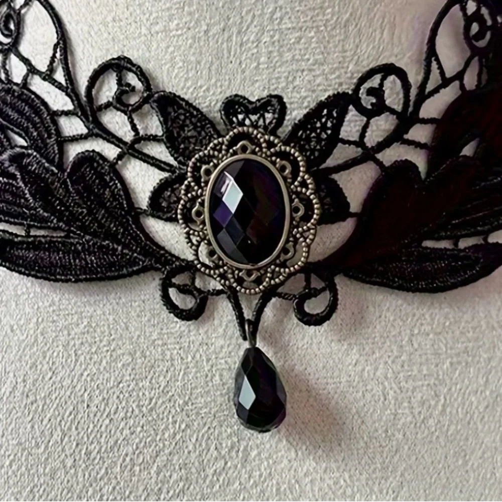 Black Gothic Lace Choker Victorian Dark Academia Necklace Goth - Picture 5 of 10